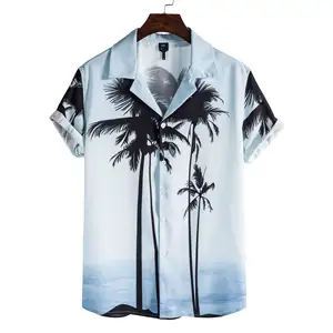 Toptan yaz kum plaj kısa kollu küba yaka Hawaiian baskı gömlek erkekler için