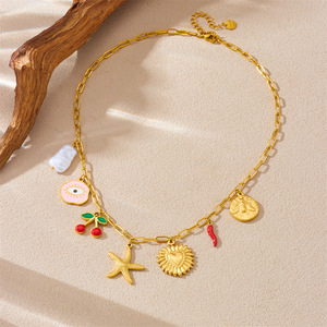 Fashionable Cartoon Fruit Cherry Heart Eye Starfish Stainless Steel Chain Women's Necklace Party Jewelry - Product Image 3