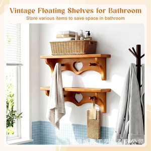 Wooden Wall Mount Storage Rack With Heart Cutout And <b>Hooks</b> For Toys Books And Kitchen Utensils - Product Image 3