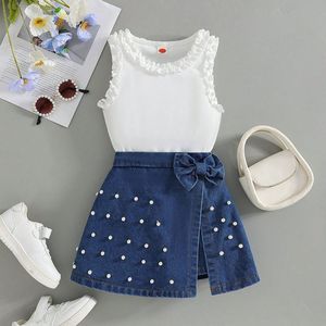 Nuevo conjunto <span class=keywords><strong>de</strong></span> verano para niño y niña, 2 conjuntos, camiseta sin mangas blanca sin mangas + lazos <span class=keywords><strong>de</strong></span> perlas, conjunto <span class=keywords><strong>de</strong></span> ropa <span class=keywords><strong>de</strong></span> Falda vaquera - Product Image 1