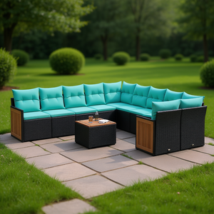 Ensemble de canapés de jardin en polyrotin noir avec coussins, 10+ places, mobilier d'extérieur, design contemporain, panneau en teck - Product Image 2