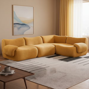 Canapé modulaire incurvé jaune moutarde moderne, canapé-lit en velours de luxe en forme de L, canapé nuage avec pieds en aluminium Fu Nuo pour salon - Product Image 1