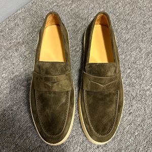 Mocassins en daim pour hommes à talon moyen, à enfiler, style business décontracté, couleurs unies vert, marron, gris, abricot, semelle souple, cuir cousu main - Product Image 2