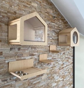 Moderno eco-friendly in legno gatto alimentatore mobili a parete Pet in legno stazione di alimentazione con 2 ciotole Design elegante amante dei gatti - Product Image 3