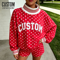Setelan 2 Potong Sweatshirt Oversized Motif Polkadot Wanita dengan Kerah Bergaris dan Celana Pendek Fleece Patchwork untuk Santai