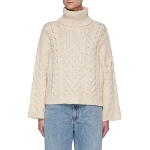 Kustomisasi Turtleneck musim dingin Chunky Cable Knit Pullover kasmir wanita sweater