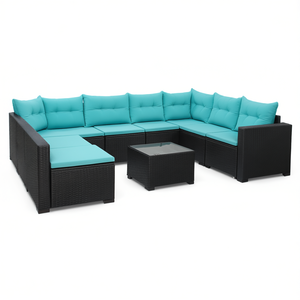 Conjunto de Sofá de Patio en Forma de U de Ratán Sintético Negro con Almacenamiento, Muebles de Exterior con Cojines Color Verde Azulado - Product Image 1