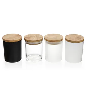 批发透明白色黑色哑光空8盎司10盎司14盎司宽口玻璃蜡烛罐，带木质软木塞盖