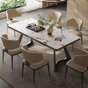 Table à manger de luxe en pierre frittée, ensemble de salle à manger rectangulaire moderne et minimaliste en acier inoxydable, 6 pièces pour petites maisons - Product Image 1