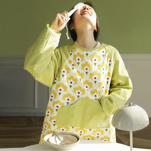 Women's Apron Digital Printing Flower Pattern Long Sleeve Cooking Wear With Pocket For Daily Use - Product Image 1