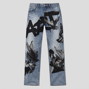 Jean droit taille haute pour homme avec imprimé numérique motif oiseau, en coton délavé, style streetwear, pantalon unisexe - Product Image 1