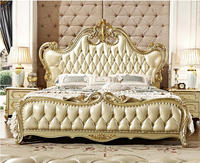 Lit de Luxe en Chêne Massif Sculpté Or Champagne, Ensemble de Meubles de Chambre à Coucher Européen pour Lit Double de Mariage