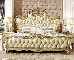 Однотонная дубовая резная двуспальная кровать в Европейском стиле, Золотое шампанское, Главная спальня, свадебная кровать, спальные наборы, продукт - Product Image 3