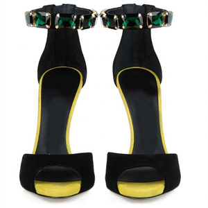 Sandales élégantes noires en daim pour femme, avec gemmes vertes, bride cheville, bout ouvert, talons hauts fins et fermeture éclair - Product Image 4