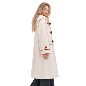 Manteau d'hiver personnalisé pour <span class=keywords><strong>femme</strong></span> avec <span class=keywords><strong>capuche</strong></span>, fermeture à boutonnière, poignets larges, bordure contrastée, mélange de laine, OEM ODM - Product Image 3