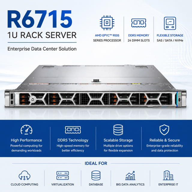 R6715 1U Rack Server with AMD EPYC 9005 Processor 160 Core DDR5 6TB Memory PCIe 5.0 NVMe Enterprise Server