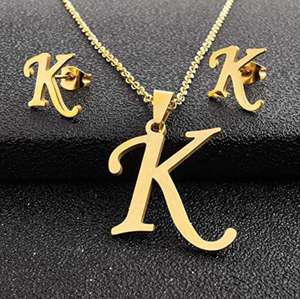ชุดเครื่องประดับสร้อยคอและต่างหูสแตนเลสสตีลชุบทองคำ ตัวอักษรภาษาอังกฤษ 26 ตัว สำหรับผู้หญิงและเด็กผู้หญิง - Product Image 4