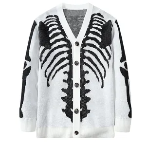 Cardigã de manga comprida com estampa de esqueleto de logotipo personalizado para homens, suéter de malha com gola V e botões para uso ao ar livre