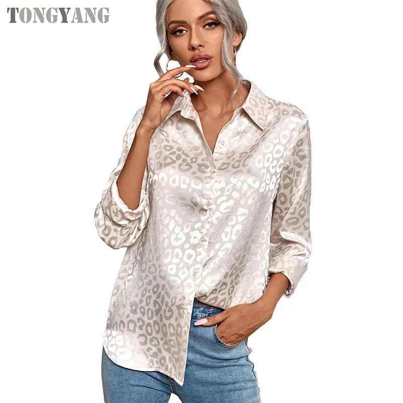 Tongyang blusa de cetim para moças, camisa solta de manga comprida com estampa de leopardo e gola virada para baixo