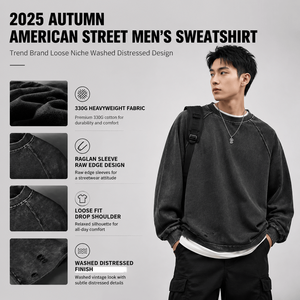 330G Heavyweight Washed Long Sleeve T-Shirt Men Raw Edge Distressed Crewneck Streetwear Sweatshirt Custom OEM Supplier Top - Product Image 6