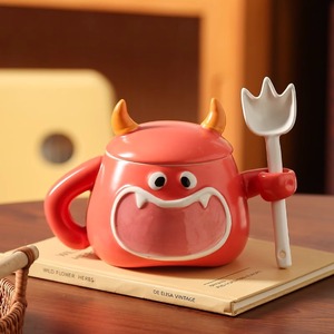 Taza de Cerámica con Diseño de <span class=keywords><strong>Diablillo</strong></span> Pintado a Mano, Linda Taza de Café Creativa con Tapa y Cuchara, Taza para Beber en el Desayuno en Casa - Product Image 6