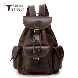 Tiding Crazy Horse Leather <b>Backpack</b> <b>Large</b> Capacity Men's Outdoor Travel <b>Backpack</b> Solid Color Detachable Strap - Product Image 2