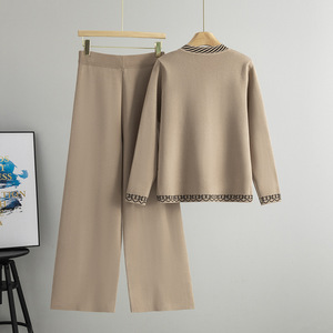 Ensemble de chandail en tricot pour femmes, cardigan à manches longues brodé avec pantalon large, tenue décontractée printemps automne - Product Image 2