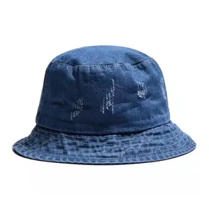 OEM Custom Logo Solid Color Jean Blank Fisherman Cap Sun Hat, Stylish Outdoor Distressed Denim Plain Bucket Hat