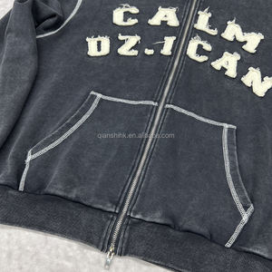 Haute qualité unisexe jambe droite pantalons de survêtement et broderie Double fermeture éclair à capuche ensemble personnalisé en détresse lavage à l'acide hommes survêtement - Product Image 3