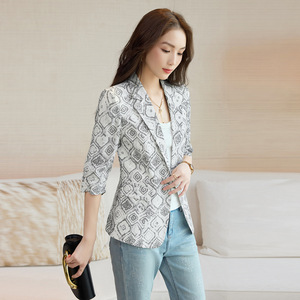 Women's Printed Blazer Apricot Patterned Slim Fit Linen Blend Summer Jacket Elegant Classic Style - Product Image 3