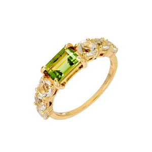 925 Sterling Silver 14K Gold Plated Mens Gemstone Gem Rectangle Rectangular Green yellow Peridot Ring Topaz Rings