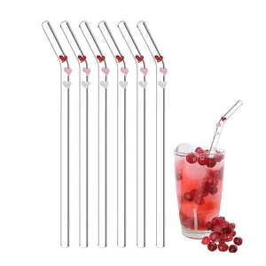 Reusable Cute Heart Glass Straws with Design, Valentine's Day Decoration for Beverages Cocktails