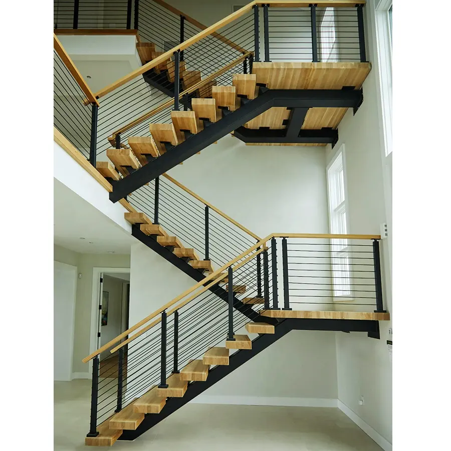 Thiết Kế Cầu Thang Hiện Đại Cầu Thang Modular Oak Steel Beam Trong Nhà Hồ Bơi Rõ Ràng Treads Không Trượt Nổi Sang Trọng