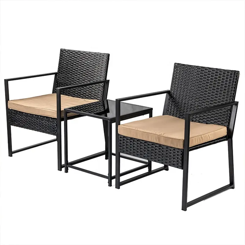 Venta caliente muebles de jardín al aire libre PE ratán hecho a mano 3 piezas sillas de ocio con mesa