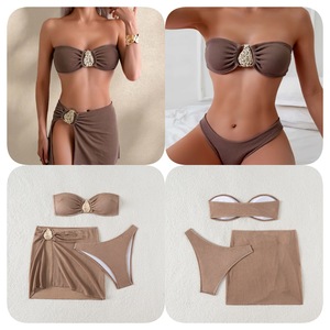 Conjunto de Bikini de 3 Piezas con Estampado a Cuadros Sanya, Estilo Europeo Americano, Top de Tubo Metálico, Falda Dividida, Traje de Baño de Secado Rápido y Alta Elasticidad para la Playa - Product Image 2