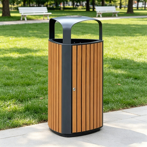 Bote de Basura Rectangular de Acero para Exteriores con Tapa Impermeable y Borde de Madera, <span class=keywords><strong>Sin</strong></span> Tapa, para Uso en Interiores/Exteriores - Product Image 1