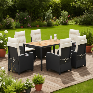 Set da Pranzo da Giardino in Rattan Bianco Crema e Nero, 6 Posti, Arredamento da Esterno Resistente alle Intemperie, Design Contemporaneo - Product Image 2