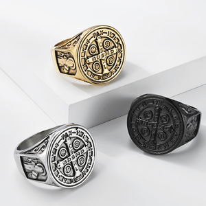 St. Benedict Cross Ring Men's <b>Titanium</b> Steel Protective Jewelry Everyday Wear - Product Image 2