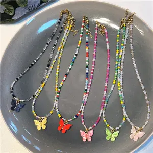 DAIHE Bohemia Style Women Colorful Beaded Necklace Shell Butterfly Pendant Necklace