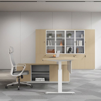 Bureau de direction en forme de L réglable en hauteur électriquement, table de bureau assis-debout avec armoire latérale, panneau E0