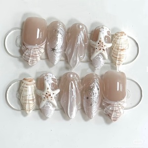 30 Piezas <span class=keywords><strong>de</strong></span> Uñas Postizas con Diseño <span class=keywords><strong>de</strong></span> Conchas Marinas Tridimensionales, Estilo Vacacional, Tipo Almendra, para la Playa - Product Image 1