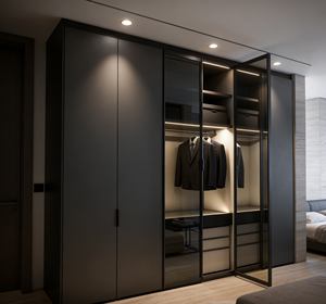 Custom <b>Black</b> <b>Wardrobe</b> with LED-Lit Glass <b>Sliding</b> Door & Drawer Storage | Multi-Zone Organizer for Modern Bedroom - Product Image 3