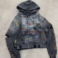 Sweat à capuche zippé personnalisé style streetwear vintage en tricot gaufré, impression DTG, molleton bouclette, motif bande dessinée, effet délavé et vieilli