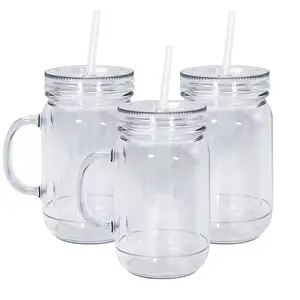 Custom Logo 500ml Plastic Clear Double Wall Mason Jar Cups With Handle And Straw For Outdoor Travel