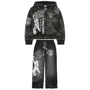 US Free Tax Custom Streetwear Vintage Französisch Terry <span class=keywords><strong>Cropped</strong></span> Acid Wash Reiß verschluss Distressed Strass Jogging hose und Hoodie Set - Product Image 1