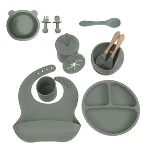 Conjunto de utensílios de alimentação para bebês, utensílios modernos de silicone clássico para jantar, sem Bpa, com tigela de urso e tigela, ideal para bebês, venda imperdível