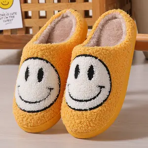 Women's Winter House Fluffy Fur Slippers Cute Smile Pattern Warm PP Material Cotton Plush Shoes for Ladies Flat and Cheap