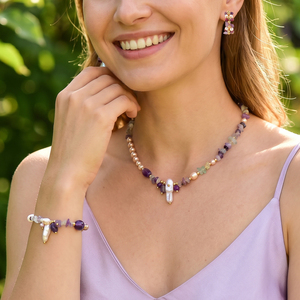 Ensemble collier/boucles d'oreilles/bracelet tendance pour femmes, avec perles en pierres précieuses colorées, pour tenues quotidiennes, cadeau de bijoux pour filles - Product Image 2
