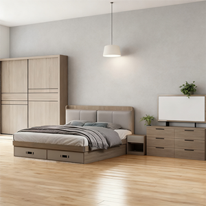 Ensemble de chambre à coucher en bois en vente chaude, ensemble de chambre à coucher moderne minimaliste avec lit, placard, table de chevet et commode - Product Image 1