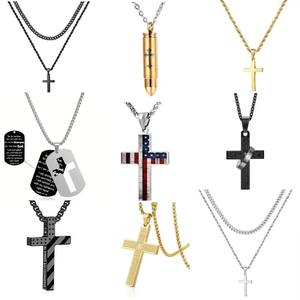 Collar de Cruz en capas para hombre, oro, plata, negro, acero inoxidable, moda religiosa para hombre, cadena informal, cadena de cuerda, collar de Cruz - Product Image 1
